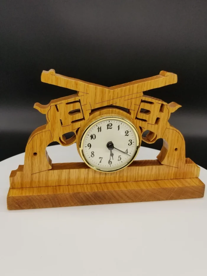 A wooden clock with two guns on it.