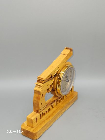 A wooden clock with the words " don 't trust " written on it.