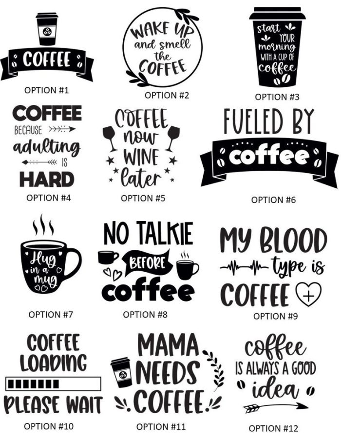 A bunch of coffee related designs that are in different fonts.