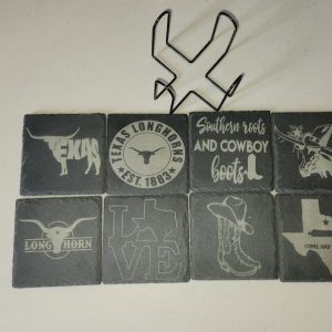 A collection of texas longhorn coasters.